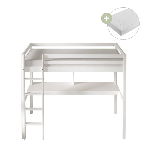 Lit mezzanine avec bureau avec matelas hybride blanc 90 x 200cm