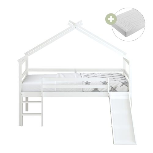 Lit enfant avec toboggan avec matelas hybride blanc 90 x 200cm