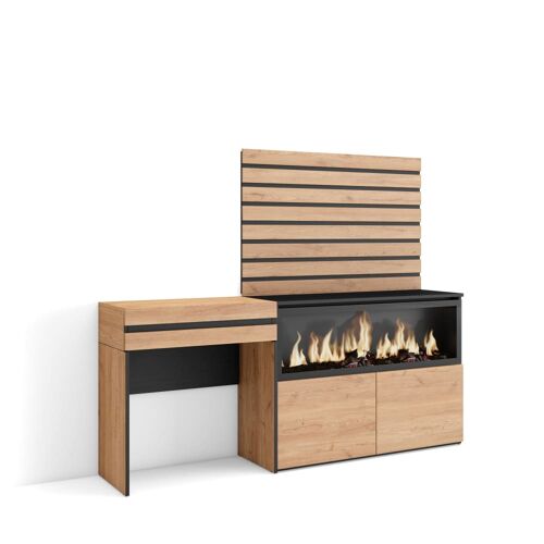 Coiffeuse effet bois chêne 177x35x145cm cheminée effet feu XXL
