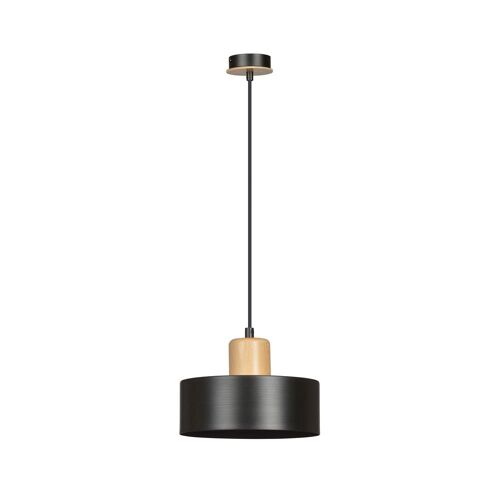 Suspension Avec Abat-Jour Cylindrique En Acier Noir Et Bois
