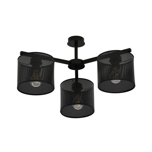 Plafonnier À  3 Abat-Jour Cylindriques En Métal Et Tissu Noir