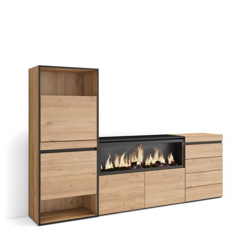 Meuble à  chaussures effet bois de chêne 224x35x145 cheminée effet feu