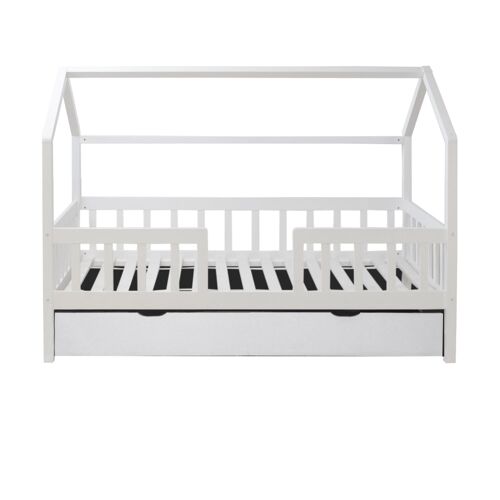 Lit cabane avec barrièrre + lit pieds pliants bois blanc 90x190cm