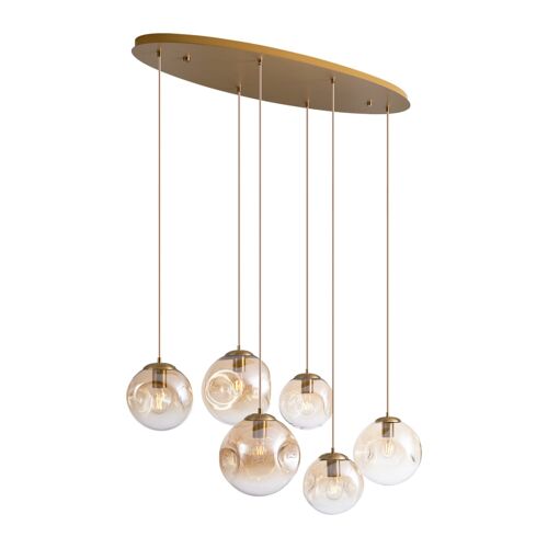 Suspension Art Déco Laiton Verre Ambré 6 Lampes