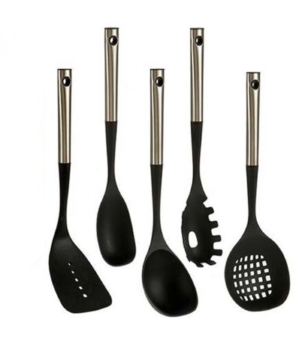 Set De 5 Ustensiles De Cuisine Métal Chromé Et Polypropylène Noir