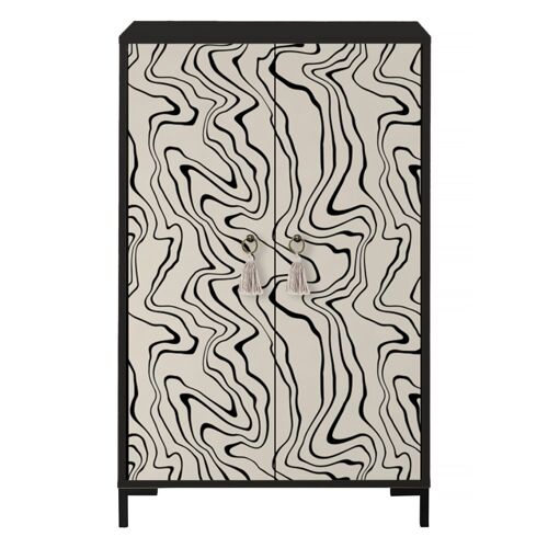 Buffet MDF 2 portes décoratives motif lignes noires ondulantes