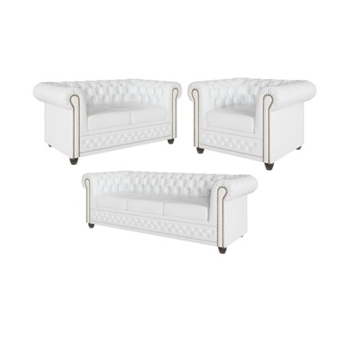 Ensemble de canapés Chesterfield 3+2+1 fonction lit, cuir végan blanc
