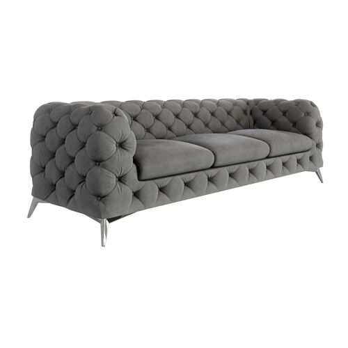 Canapé Chesterfield 3 places en velours avec pieds en métal, gris