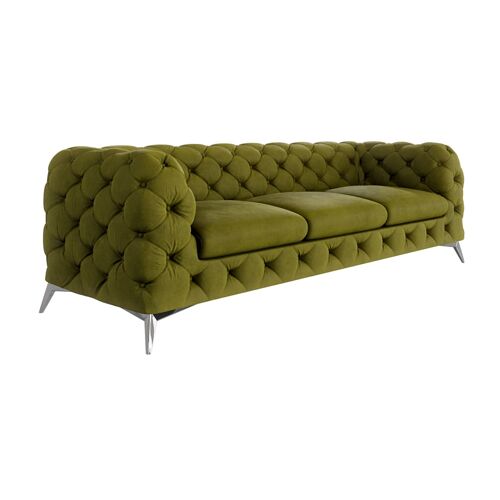 Canapé Chesterfield 3 places en velours avec pieds en métal, olive