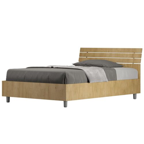 Lit coffre 120x190 tête de lit inclinée effet bois chêne nature