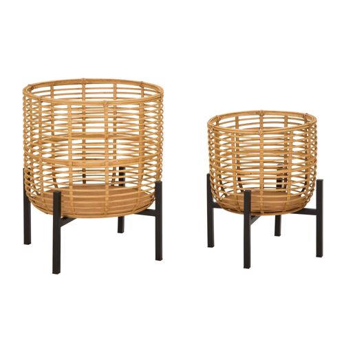 Lot De 2 Cache-Pots En Rotin Et Métal Marron Et Noir À¿ 41x47-33x39 Cm