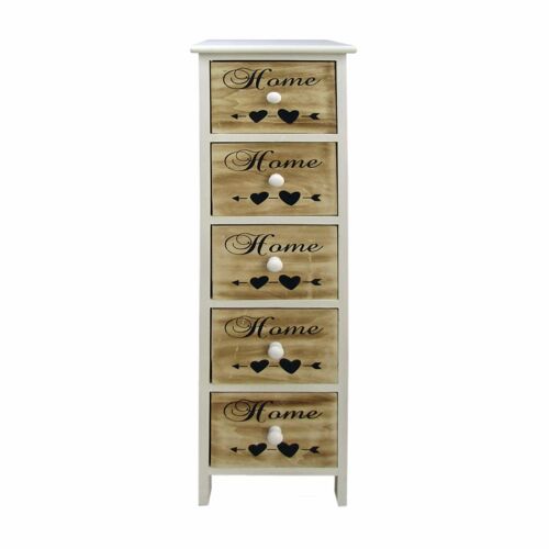 Chiffonnier shabby chic à  5 tiroirs en bois marron et blanc