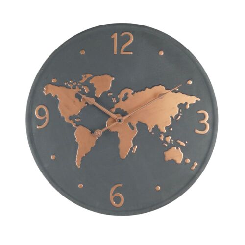 Horloge murale carte du monde en métal gris foncé et cuivre à¿ 45 cm