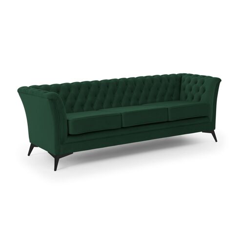 Canapé 3 places Chesterfield en velours vert avec pieds noirs