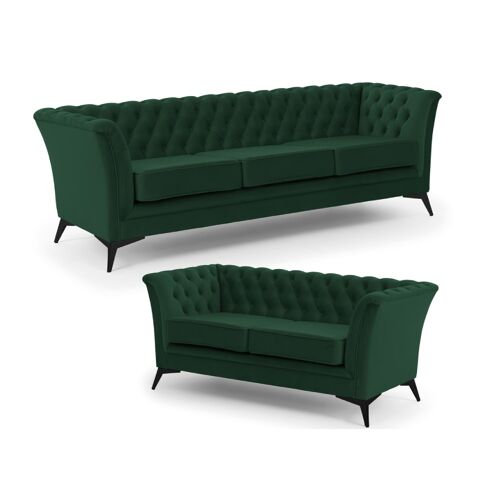 Ensemble de canapé Chesterfield 3+2 en velours vert