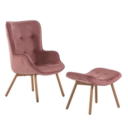 Fauteuil de lecture et de détente avec repose-pieds en velours rose