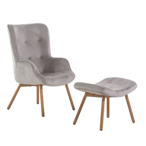 Fauteuil de lecture et de détente avec repose-pieds en velours gris