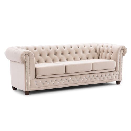 Canapé 3 places Chesterfield en velours beige avec fonction lit