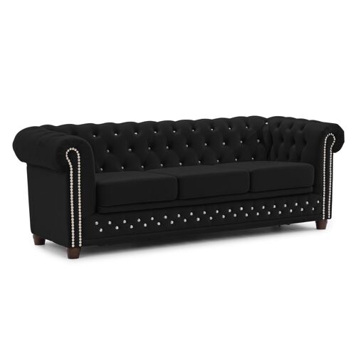 Canapé 3 places Chesterfield en velours noir avec fonction lit