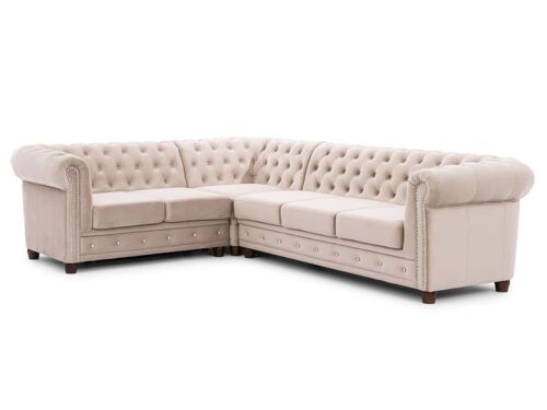 Canapé Chesterfield d'angle avec fonction lit en velours beige