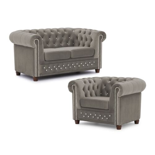 Ensemble de canapé Chesterfield 2+1 en velours gris