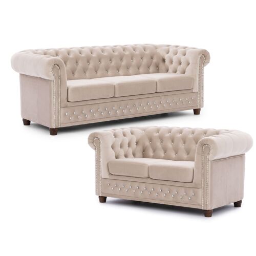 Ensemble de canapé Chesterfield 3+2 en velours beige