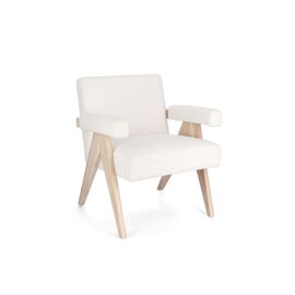 Fauteuil bouclette à  accoudoirs et bois