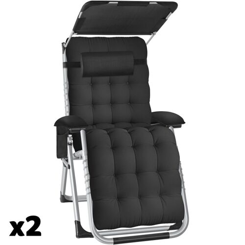 Lot 2 Chaises Longues Pliables Avec Pare-Soleil Et Repose-Pieds Noir