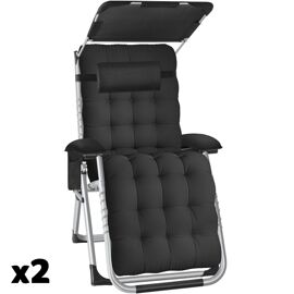 Lot 2 Chaises Longues Pliables Avec Pare-Soleil Et Repose-Pieds Noir
