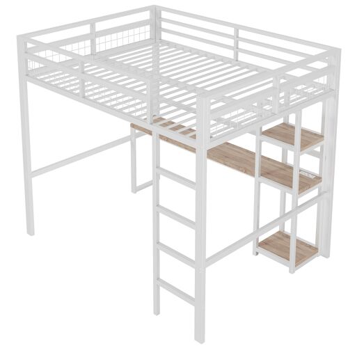 Lit mezzanine en métal blanc avec bureau et étagères 140 x 200 cm