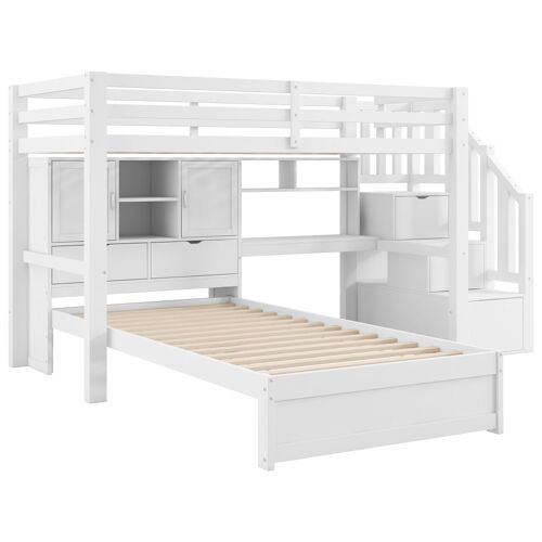 Lit mezzanine en pin blanc avec bureau et escalier 90 x 200 cm