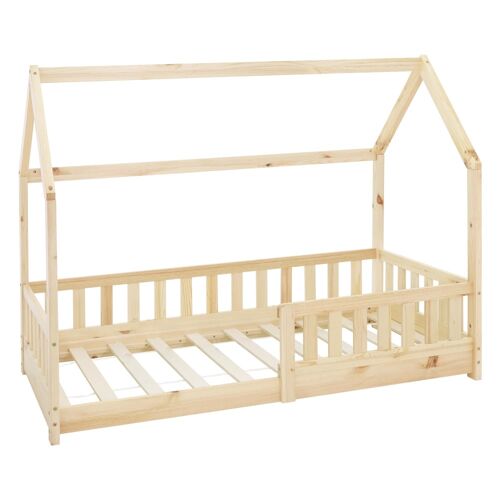 Lit cabane enfant 80x160 cm sommier et barrière inclus bois beige