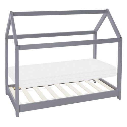 Lit cabane enfant 70x140 cm sommier matelas et barrière inclus gris