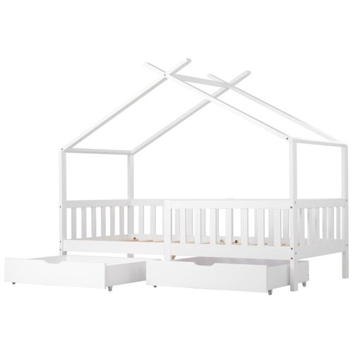 Lit enfant en forme de maison en pin blanc avec 2 tiroirs 90 x 200 cm