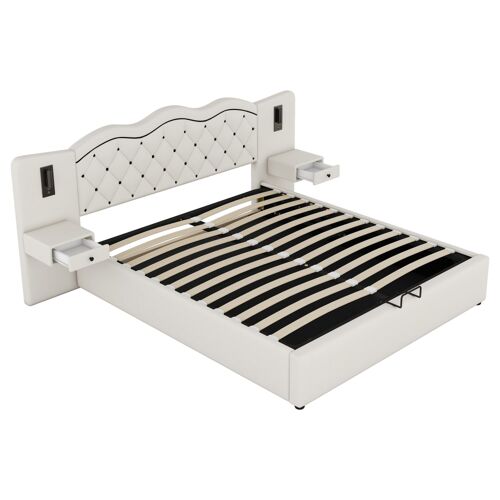 Lit rembourré en lin beige avec rangement hydraulique 180 x 200 cm