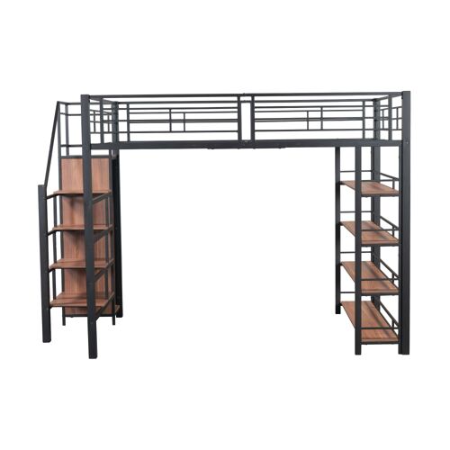 Lit mezzanine en métal noir avec rangement et échelle 140 x 200 cm