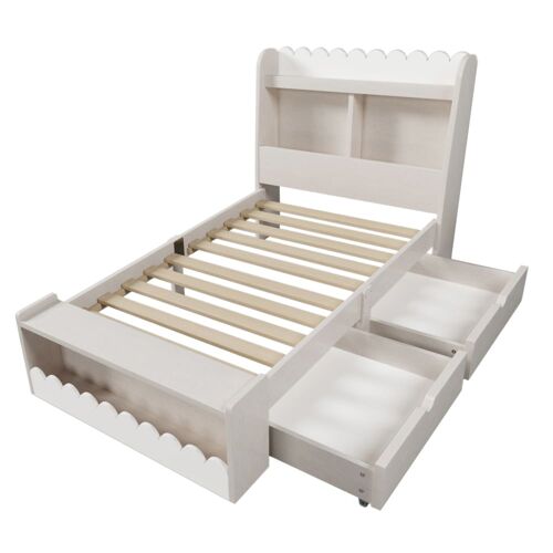 Lit enfant en bois blanc et chêne clair avec rangements 90 x 190 cm