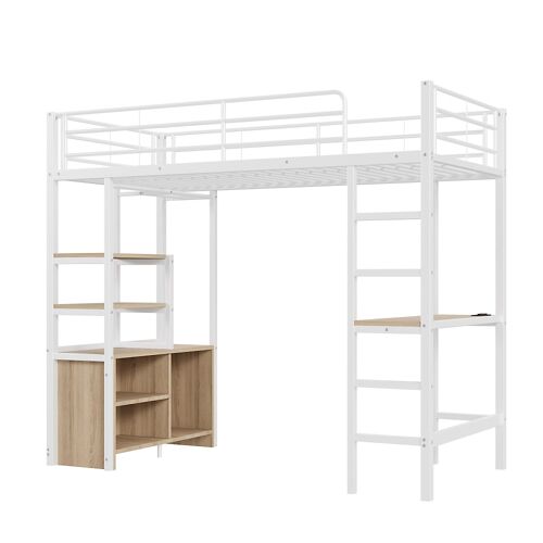 Lit mezzanine en métal blanc avec bureau et rangements 90 x 200 cm