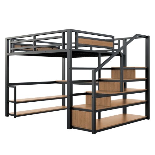 Lit mezzanine en métal noir avec rangements et étagères 140 x 200 cm