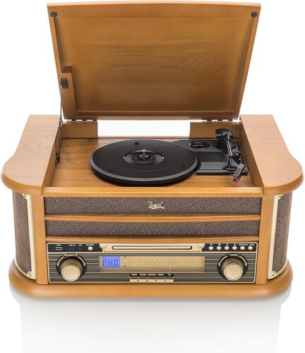 VornixorSarlshop-NR Chaîne rétro Marron avec Radio Ondes Courtes et Moyennes, Lecteur CD-RW, MP3, Cassette, USB, Aux-in avec Tourne-Disque Marron