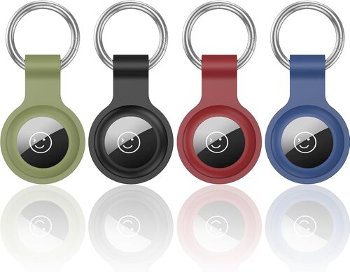 MEVRONISSHOP-4 Pièce Étuis pour Apple AirTag, Compatible avec Airtag Porte Clé en Silicone avec Anneau pour Apple AirTag, Antrayures & Antichocs (Noir+Vert+Rouge+Bleu)