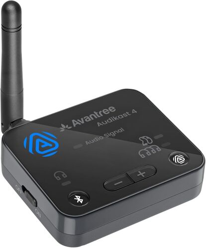 MEVRONISSHOP-Audikast 4 ¿ Émetteur TV Auracast & Bluetooth 5.4 2-en-1 pour Casques Et Appareils D¿Écoute Personnels Sélectionnés, aptX Adaptive & HD, Sorties Optique/AUX, Évolutif Et MàJ