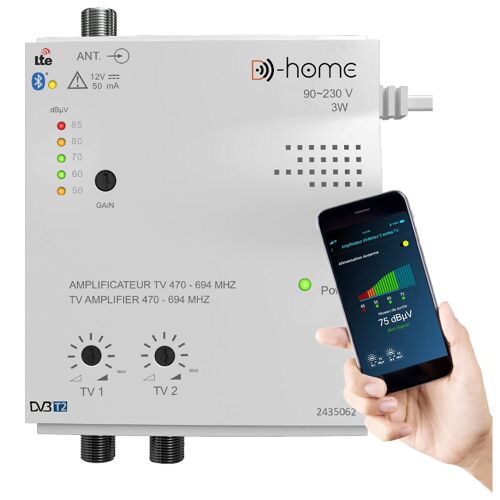 MEVRONISSHOP-Amplificateur TV TNT Intérieur 2 Sorties 32dB Connecté Filtré 4G-5G - Fonctionne avec App Mobile TV Finder pour Trouver le Meilleur Signal Disponible. Pour Toute Antenne