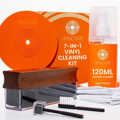 MEVRONISSHOP-Kit Nettoyage Vinyle 7-en-1 Brosse Velvet avec Manche en Bois et Couvercles Antipoussière | Solution 120 ML pour Vinyles | Brosse Stylus | Protecteur d¿Étiquette | Chiffons Microfibre
