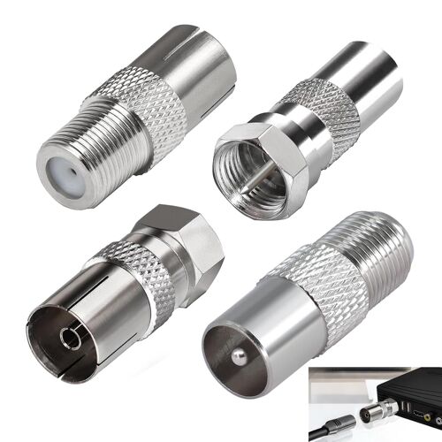 MEVRONISSHOP-4 Pièces Adaptateur d¿Antenne TV F Mâle vers Femelle, Adaptateur Coaxial TV, Connecteur Coaxial RF Nickelé pour Câble Satellite TNT Modem Routeur Récepteur, Raccord Antenne Murale Audio