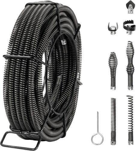 MEVRONISSHOP-Câble de nettoyage de canalisations, 20 m x 16 mm, câble de tarière de vidange d'égout noyau creux sectionnel professionnel, 7 coupeurs pour tuyaux 20-100 mm pour évier, siphon de sol, t