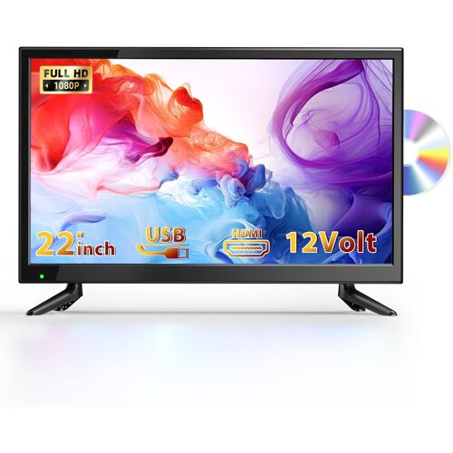MEVRONISSHOP-22 Pouces Petit téléviseur Lecteur DVD intégré, 1080P Mini TV Tuner DVB-T2 Intégré, avec Antenne, entrée HDMI/USB/AV, Combinaison TV-DVD 12V pour Camping-Cars, Cuisines et Petites pièces