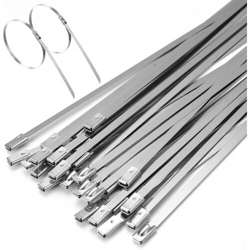MEVRONISSHOP-100 Pcs Collier de Serrage Inox, 4,6 x 300 mm Attache Câblées Acier Inoxydable 304, Collier de Serrage Métallique Inox Autobloquante avec Butée à Bille pour Conduits échappement Intérieu