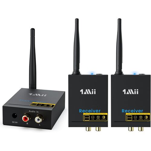 MEVRONISSHOP-metteur Récepteur sans Fil (1 TX + 2 RX), Transmetteur 2 Récepteurs Audio Longue Portée 100m, 2,4Ghz Latence Ultra-Faible, du TV/PC aux Haut-Parleurs Actifs/Stéréo/Barre de Son, RCA in/O
