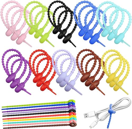 MEVRONISSHOP-30 Pièces Multi Usages Silicone Cable Ties, Colorées Attaches Câble Réutilisables Serre Cable, 21,5cm, Organisateur Cable, Sac à Pain Clip Parfaits pour Maison, Bureau, Étude (10 Couleur